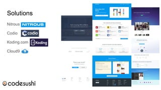 Solutions
Nitrous
Codio
Koding.com
Cloud9
 