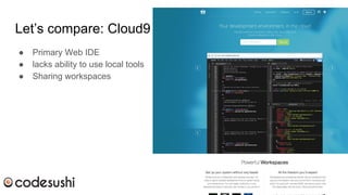 Let’s compare: Cloud9
● Primary Web IDE
● lacks ability to use local tools
● Sharing workspaces
 