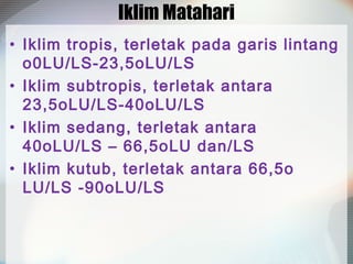 Iklim Matahari
• Iklim tropis, terletak pada garis lintang
o0LU/LS-23,5oLU/LS
• Iklim subtropis, terletak antara
23,5oLU/LS-40oLU/LS
• Iklim sedang, terletak antara
40oLU/LS – 66,5oLU dan/LS
• Iklim kutub, terletak antara 66,5o
LU/LS -90oLU/LS

 