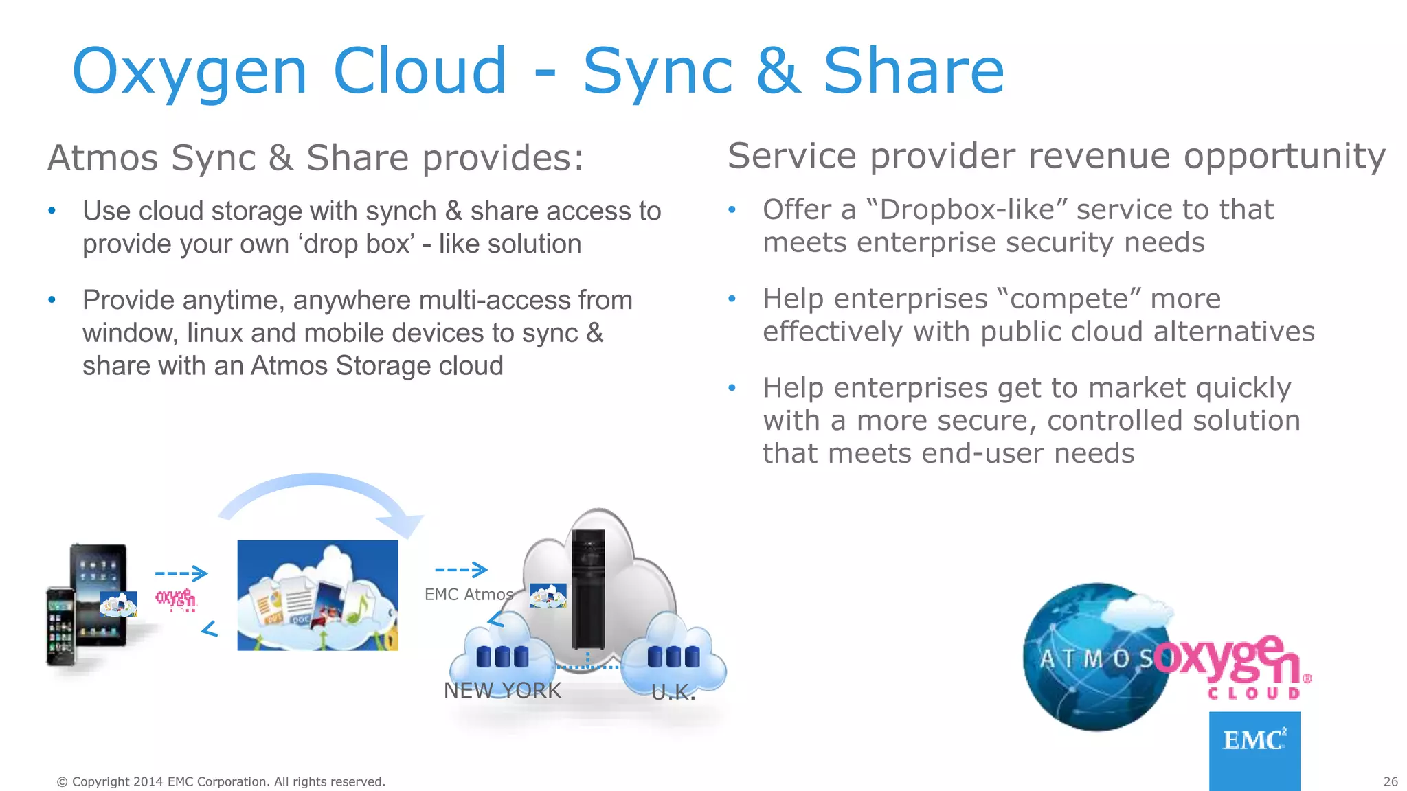 26© Copyright 2014 EMC Corporation. All rights reserved.© Copyright 2014 EMC Corporation. All rights reserved.
Atmos Sync & Share provides: Service provider revenue opportunity
• Offer a “Dropbox-like” service to that
meets enterprise security needs
• Help enterprises “compete” more
effectively with public cloud alternatives
• Help enterprises get to market quickly
with a more secure, controlled solution
that meets end-user needs
NEW YORK U.K.
EMC Atmos
• Use cloud storage with synch & share access to
provide your own ‘drop box’ - like solution
• Provide anytime, anywhere multi-access from
window, linux and mobile devices to sync &
share with an Atmos Storage cloud
Oxygen Cloud - Sync & Share
 