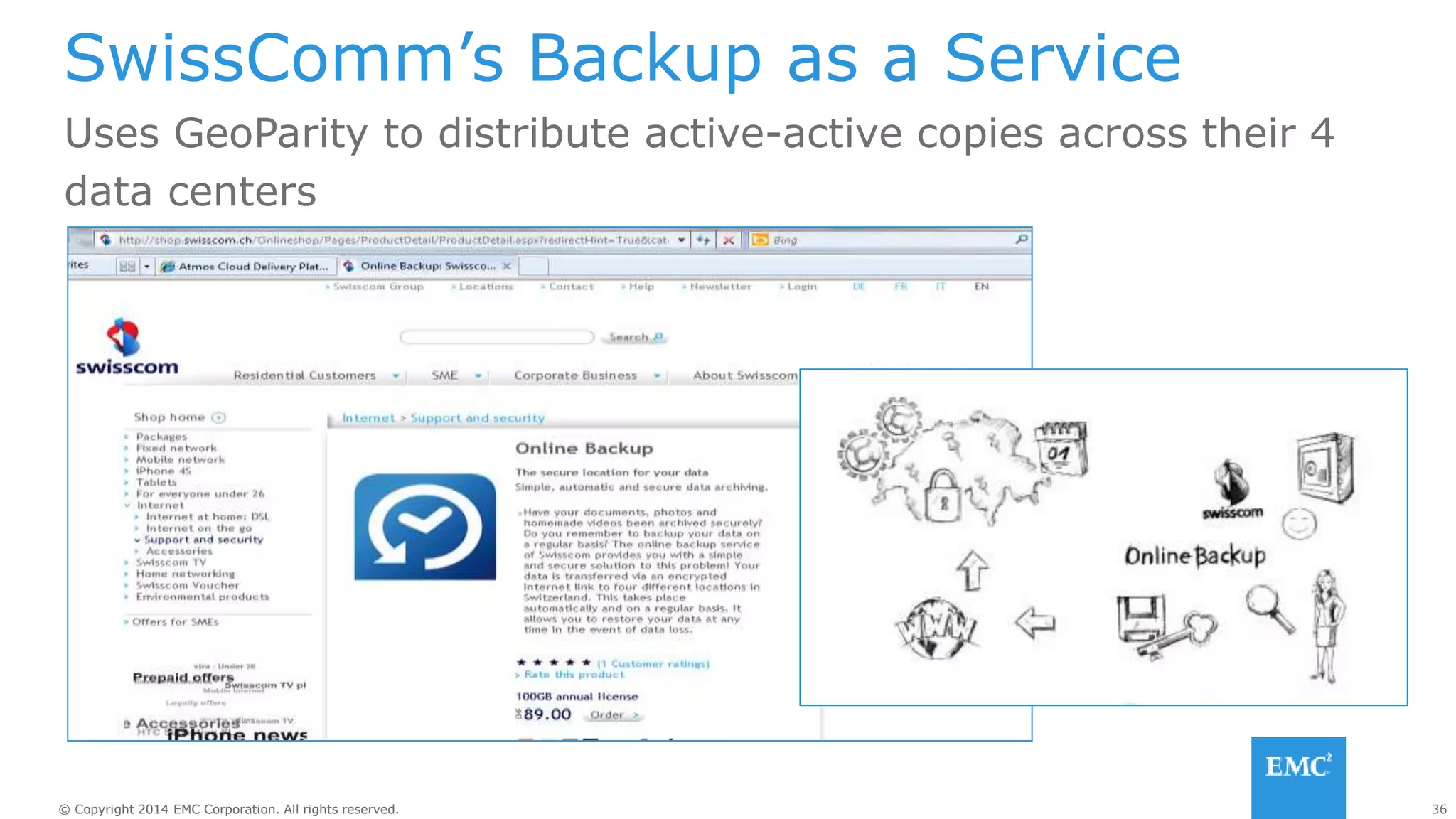 36© Copyright 2014 EMC Corporation. All rights reserved.© Copyright 2014 EMC Corporation. All rights reserved.
SwissComm’s Backup as a Service
Uses GeoParity to distribute active-active copies across their 4
data centers
 