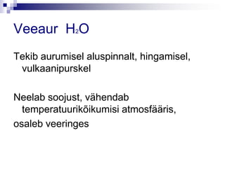 Veeaur H2O
Tekib aurumisel aluspinnalt, hingamisel,
 vulkaanipurskel

Neelab soojust, vähendab
  temperatuurikõikumisi atmosfääris,
osaleb veeringes
 
