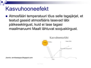 Kasvuhooneefekt
   Atmosfääri temperatuuri tõus selle tagajärjel, et
    teatud gaasid atmosfääris lasevad läbi
    päikesekiirgust, kuid ei lase tagasi
    maailmaruumi Maalt lähtuvat soojuskiirgust.




Joonis: annikaseppa.blogspot.com
 