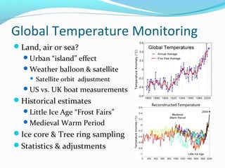 Global Temperature Monitoring
Land, air or sea?
Urban “island” effect
Weather balloon & satellite
 Satellite orbit adjustment
US vs. UK boat measurements
Historical estimates
Little Ice Age “Frost Fairs”
Medieval Warm Period
Ice core & Tree ring sampling
Statistics & adjustments
 