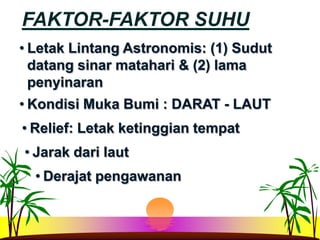 FAKTOR-FAKTOR SUHULetakLintangAstronomis: (1) Sudutdatangsinarmatahari & (2) lama penyinaran