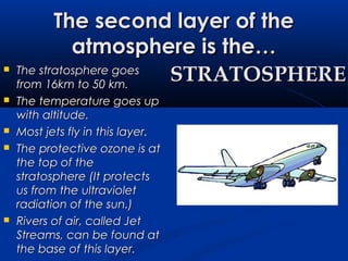 The second layer of theThe second layer of the
atmosphere is the…atmosphere is the…
 The stratosphere goesThe stratosphere goes
from 16km to 50 km.from 16km to 50 km.
 The temperature goes upThe temperature goes up
with altitude.with altitude.
 Most jets fly in this layer.Most jets fly in this layer.
 The protective ozone is atThe protective ozone is at
the top of thethe top of the
stratosphere (It protectsstratosphere (It protects
us from the ultravioletus from the ultraviolet
radiation of the sun.)radiation of the sun.)
 Rivers of air, called JetRivers of air, called Jet
Streams, can be found atStreams, can be found at
the base of this layer.the base of this layer.
STRATOSPHERESTRATOSPHERE
 