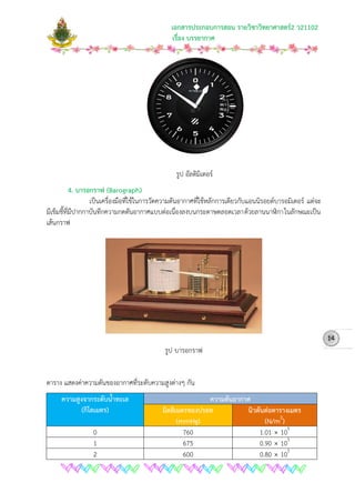 เอกสารประกอบการสอน รายวิชาวิทยาศาสตร2 ว21102
เรื่อง บรรยากาศ
รูป อัลติมิเตอร
4.
เปนเครื่องมือที่ใชในการวัดความดันอากาศที่ใชหลักการเดียวกับแอนนิรอยดบารอมิเตอร แตจะ
มีเข็มชี้ที่มีปากกาบันทึกความกดดันอากาศแบบตอเนื่องลงบนกระดาษตลอดเวลาดวยลานนาฬิกาในลักษณะเปน
เสนกราฟ
บารอกราฟ (Barograph)
รูป 11บารอกราฟ
ตาราง แสดงคาความดันของอากาศที่ระดับความสูงตางๆ กัน
ความสูงจากระดับน้ําทะเล
(กิโลเมตร)
ความดันอากาศ
มิลลิเมตรของปรอท
(mmHg)
นิวตันตอตารางเมตร
(N/m2
)
0 760 1.01  105
1 675 0.90  105
2 600 0.80  105
14
 