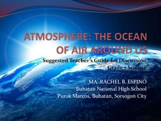 Suggested Teacher’s Guide for Discussion
Grade 7 Science
MA. RACHEL B. ESPINO
Buhatan National High School
Purok Marcos, Buhatan, Sorsogon City
 