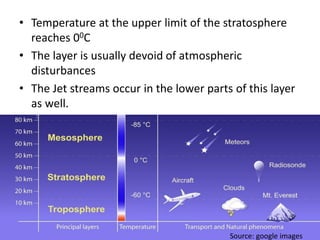 • Temperature at the upper limit of the stratosphere
reaches 00C
• The layer is usually devoid of atmospheric
disturbances
• The Jet streams occur in the lower parts of this layer
as well.
Source: google images
 