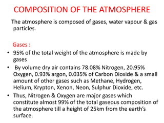 COMPOSITION OF THE ATMOSPHERE
The atmosphere is composed of gases, water vapour & gas
particles.
Gases :
• 95% of the total weight of the atmosphere is made by
gases
• By volume dry air contains 78.08% Nitrogen, 20.95%
Oxygen, 0.93% argon, 0.035% of Carbon Dioxide & a small
amount of other gases such as Methane, Hydrogen,
Helium, Krypton, Xenon, Neon, Sulphur Dioxide, etc.
• Thus, Nitrogen & Oxygen are major gases which
constitute almost 99% of the total gaseous composition of
the atmosphere till a height of 25km from the earth’s
surface.
 