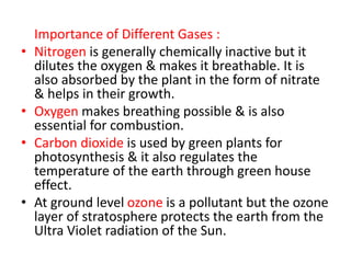 Importance of Different Gases :
• Nitrogen is generally chemically inactive but it
dilutes the oxygen & makes it breathable. It is
also absorbed by the plant in the form of nitrate
& helps in their growth.
• Oxygen makes breathing possible & is also
essential for combustion.
• Carbon dioxide is used by green plants for
photosynthesis & it also regulates the
temperature of the earth through green house
effect.
• At ground level ozone is a pollutant but the ozone
layer of stratosphere protects the earth from the
Ultra Violet radiation of the Sun.
 