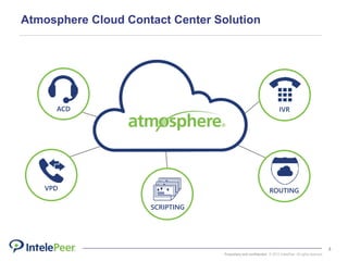 Proprietary and confidential. © 2015 IntelePeer. All rights reserved.
4
Atmosphere Cloud Contact Center Solution
ACD
ROUTING
IVR
VPD
SCRIPTING
 