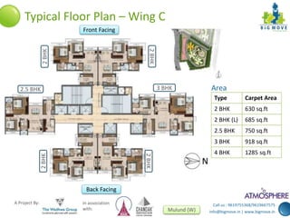 Call us : 9619755368/9619667575 
info@bigmove.in | www.bigmove.in 
Typical Floor Plan – Wing C 
A Project By: In association 
2 BHK 
with: Mulund (W) 
2 BHK 
2.5 BHK 3 BHK 
2 BHK 
2 BHK 
Area 
Type Carpet Area 
2 BHK 630 sq.ft 
2 BHK (L) 685 sq.ft 
2.5 BHK 750 sq.ft 
3 BHK 918 sq.ft 
4 BHK 1285 sq.ft 
Front Facing 
Back Facing 
 