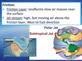 12
Friction:
• Friction Layer: landforms slow air masses near
the surface
• Jet stream: high, fast moving air above the
friction layer; West to East direction
 