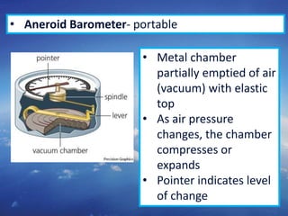 4
• Aneroid Barometer- portable
• Metal chamber
partially emptied of air
(vacuum) with elastic
top
• As air pressure
changes, the chamber
compresses or
expands
• Pointer indicates level
of change
 