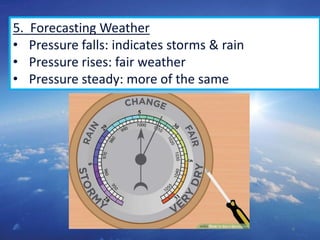 6
5. Forecasting Weather
• Pressure falls: indicates storms & rain
• Pressure rises: fair weather
• Pressure steady: more of the same
 