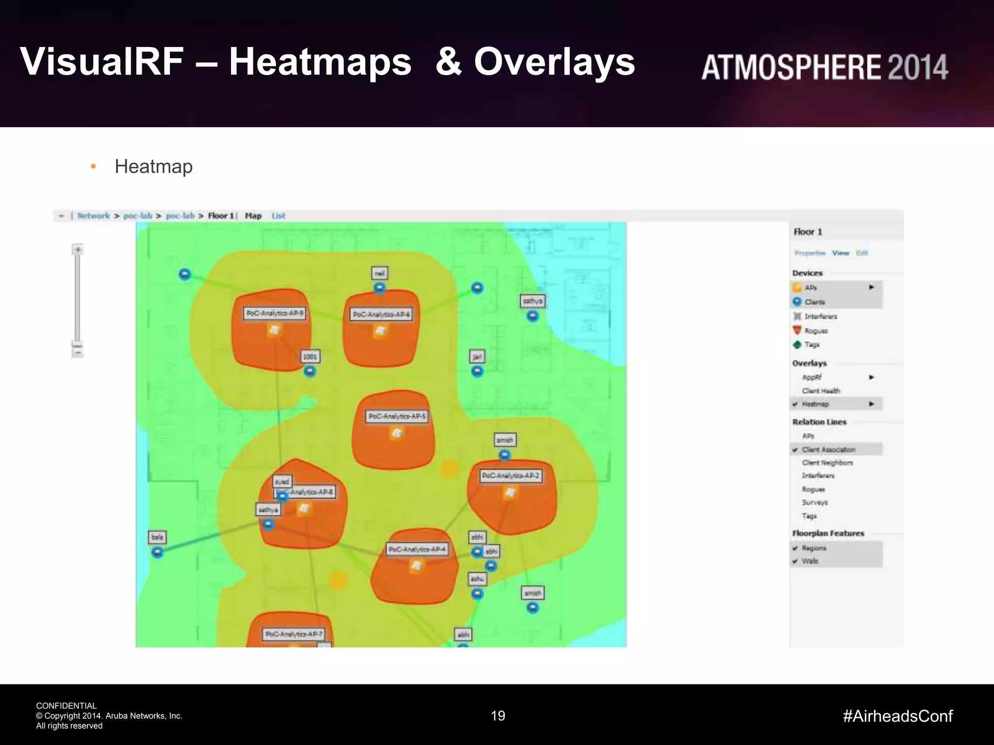 19
CONFIDENTIAL
© Copyright 2014. Aruba Networks, Inc.
All rights reserved
#AirheadsConf
VisualRF – Heatmaps & Overlays
• Heatmap
 