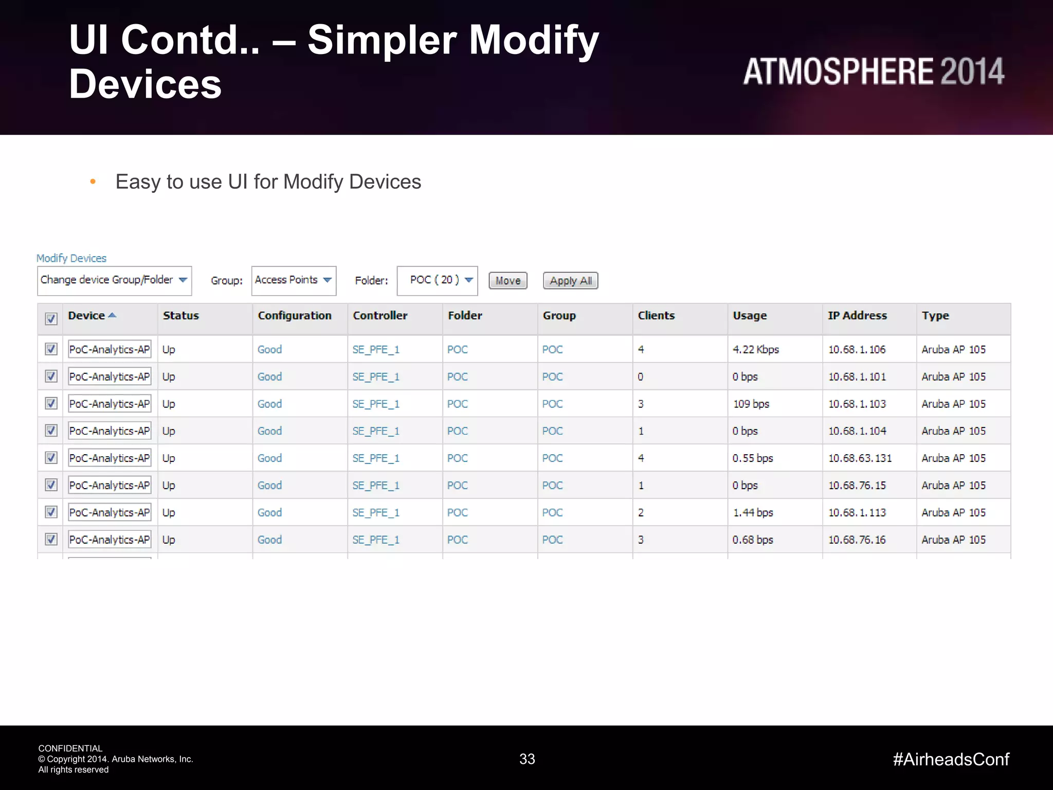 33
CONFIDENTIAL
© Copyright 2014. Aruba Networks, Inc.
All rights reserved
#AirheadsConf
UI Contd.. – Simpler Modify
Devices
• Easy to use UI for Modify Devices
 