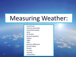 2
Measuring Weather:
air pressure
mercury barometer
aneroid barometer
wind
Jet Stream
pressure gradient
isobars
Highs
Lows
pressure difference
Coriolis effect
friction
air mass
cyclones
anticyclones
 