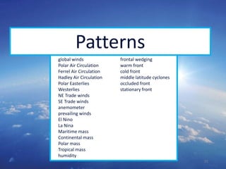 21
Patterns
global winds frontal wedging
Polar Air Circulation warm front
Ferrel Air Circulation cold front
Hadley Air Circulation middle latitude cyclones
Polar Easterlies occluded front
Westerlies stationary front
NE Trade winds
SE Trade winds
anemometer
prevailing winds
El Nino
La Nina
Maritime mass
Continental mass
Polar mass
Tropical mass
humidity
 