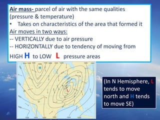 3
Air mass- parcel of air with the same qualities
(pressure & temperature)
• Takes on characteristics of the area that formed it
Air moves in two ways:
-- VERTICALLY due to air pressure
-- HORIZONTALLY due to tendency of moving from
HIGH H to LOW L pressure areas
(In N Hemisphere, L
tends to move
north and H tends
to move SE)
 