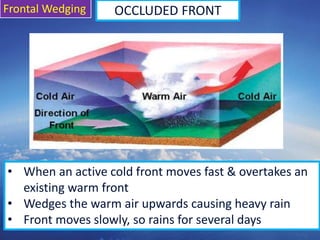 42
OCCLUDED FRONT
• When an active cold front moves fast & overtakes an
existing warm front
• Wedges the warm air upwards causing heavy rain
• Front moves slowly, so rains for several days
Frontal Wedging
 