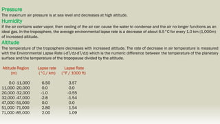 Pressure
The maximum air pressure is at sea level and decreases at high altitude.
Humidity
If the air contains water vapor, then cooling of the air can cause the water to condense and the air no longer functions as an
ideal gas. In the troposphere, the average environmental lapse rate is a decrease of about 6.5°C for every 1.0 km (1,000m)
of increased altitude.
Altitude
The temperature of the troposphere decreases with increased altitude. The rate of decrease in air temperature is measured
with the Environmental Lapse Rate (-dT/dz-dT/dz) which is the numeric difference between the temperature of the planetary
surface and the temperature of the tropopause divided by the altitude.
Altitude Region Lapse rate Lapse Rate
(m) (°C / km) (°F / 1000 ft)
0.0 -11,000 6.50 3.57
11,000 -20,000 0.0 0.0
20,000 -32,000 -1.0 -0.55
32,000 -47,000 -2.8 -1.54
47,000 -51,000 0.0 0.0
51,000 -71,000 2.80 1.54
71,000 -85,000 2.00 1.09
 