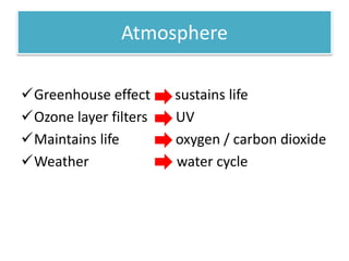 Atmosphere
Greenhouse effect sustains life
Ozone layer filters UV
Maintains life oxygen / carbon dioxide
Weather water cycle
 