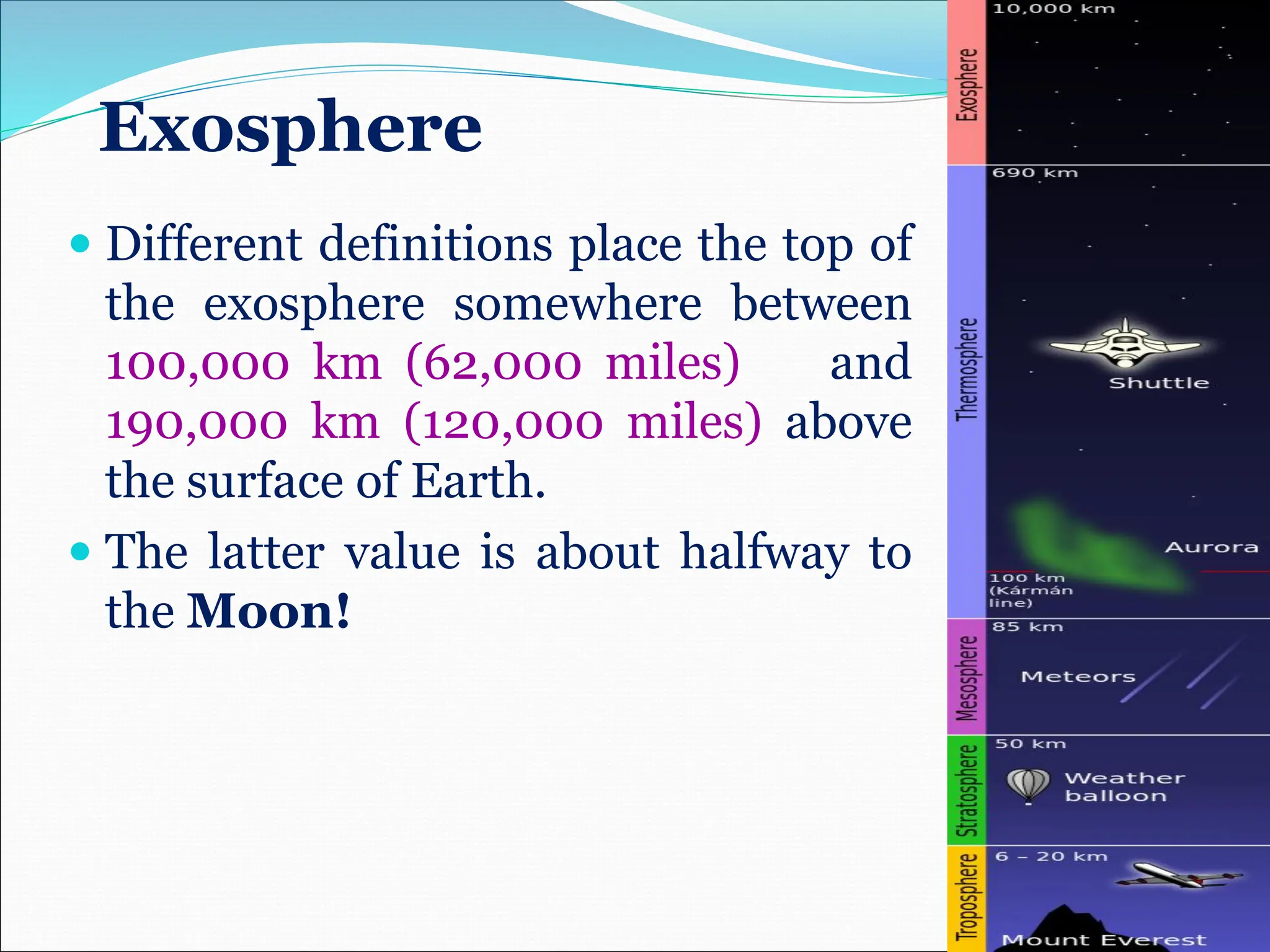 Exosphere
 Different definitions place the top of
the exosphere somewhere between
100,000 km (62,000 miles) and
190,000 km (120,000 miles) above
the surface of Earth.
 The latter value is about halfway to
the Moon!
 