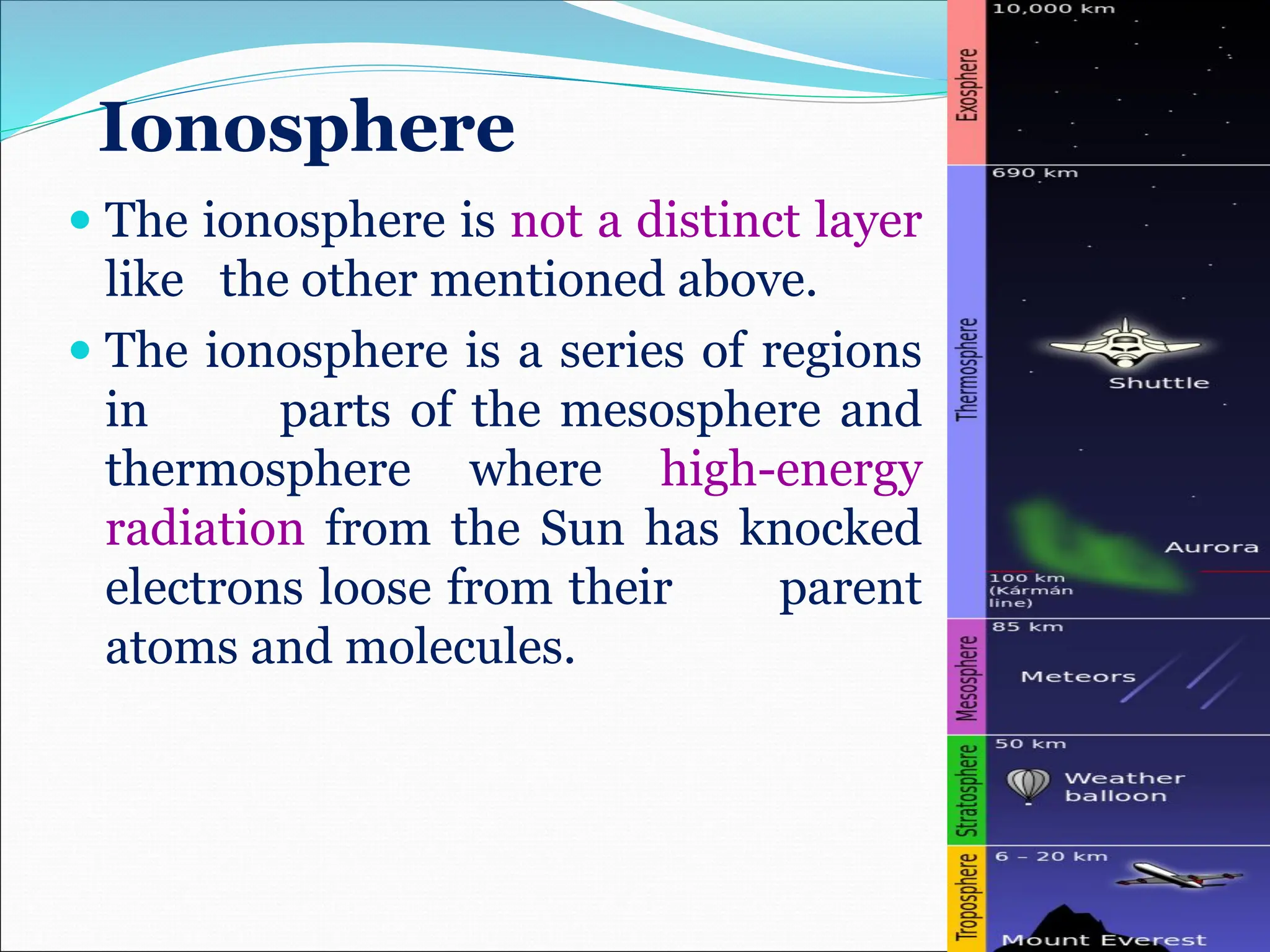  The ionosphere is not a distinct layer
like the other mentioned above.
 The ionosphere is a series of regions
in parts of the mesosphere and
thermosphere where high-energy
radiation from the Sun has knocked
electrons loose from their parent
atoms and molecules.
Ionosphere
 