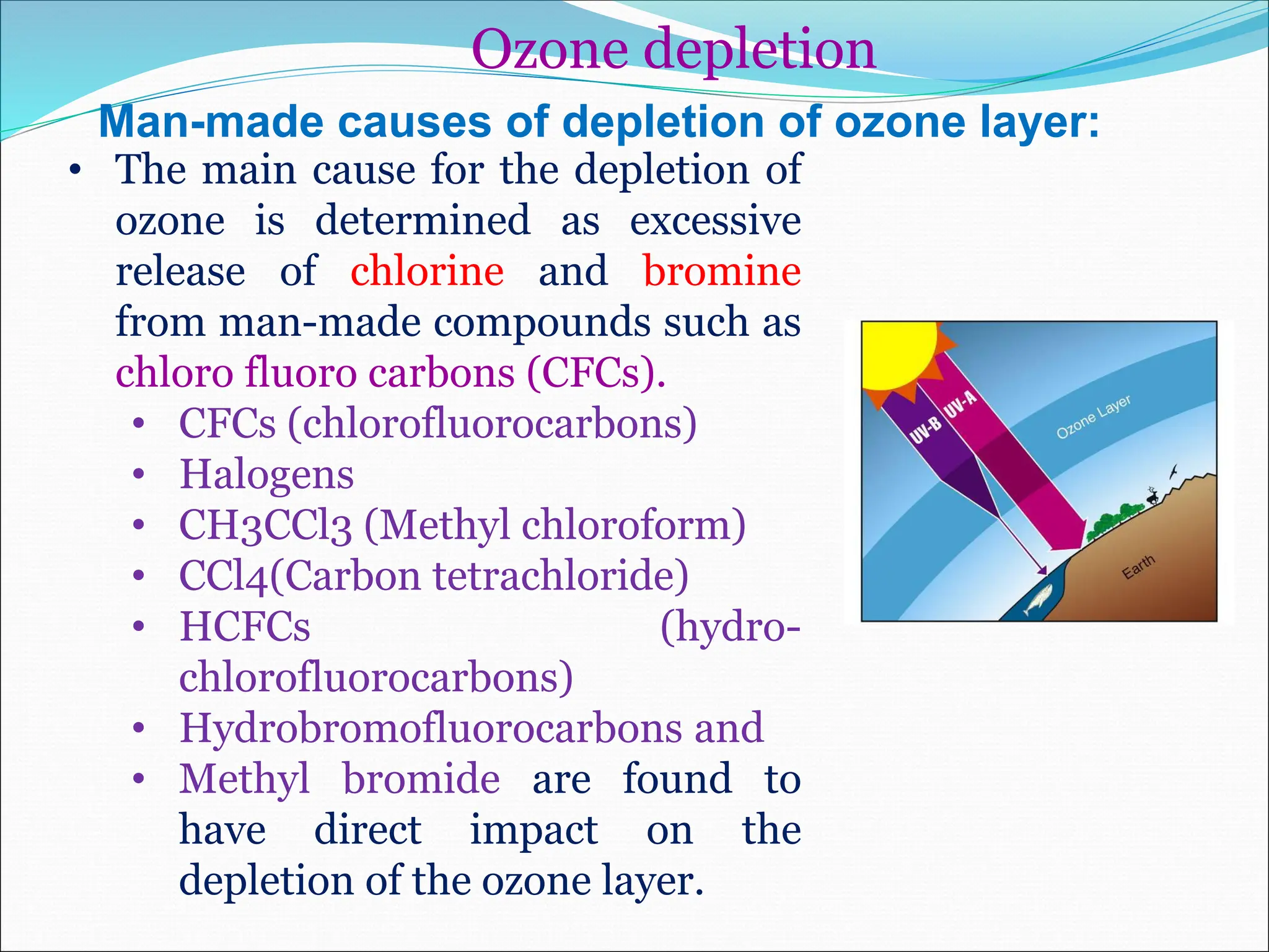 Man-made causes of depletion of ozone layer:
• The main cause for the depletion of
ozone is determined as excessive
release of chlorine and bromine
from man-made compounds such as
chloro fluoro carbons (CFCs).
• CFCs (chlorofluorocarbons)
• Halogens
• CH3CCl3 (Methyl chloroform)
• CCl4(Carbon tetrachloride)
• HCFCs (hydro-
chlorofluorocarbons)
• Hydrobromofluorocarbons and
• Methyl bromide are found to
have direct impact on the
depletion of the ozone layer.
Ozone depletion
 