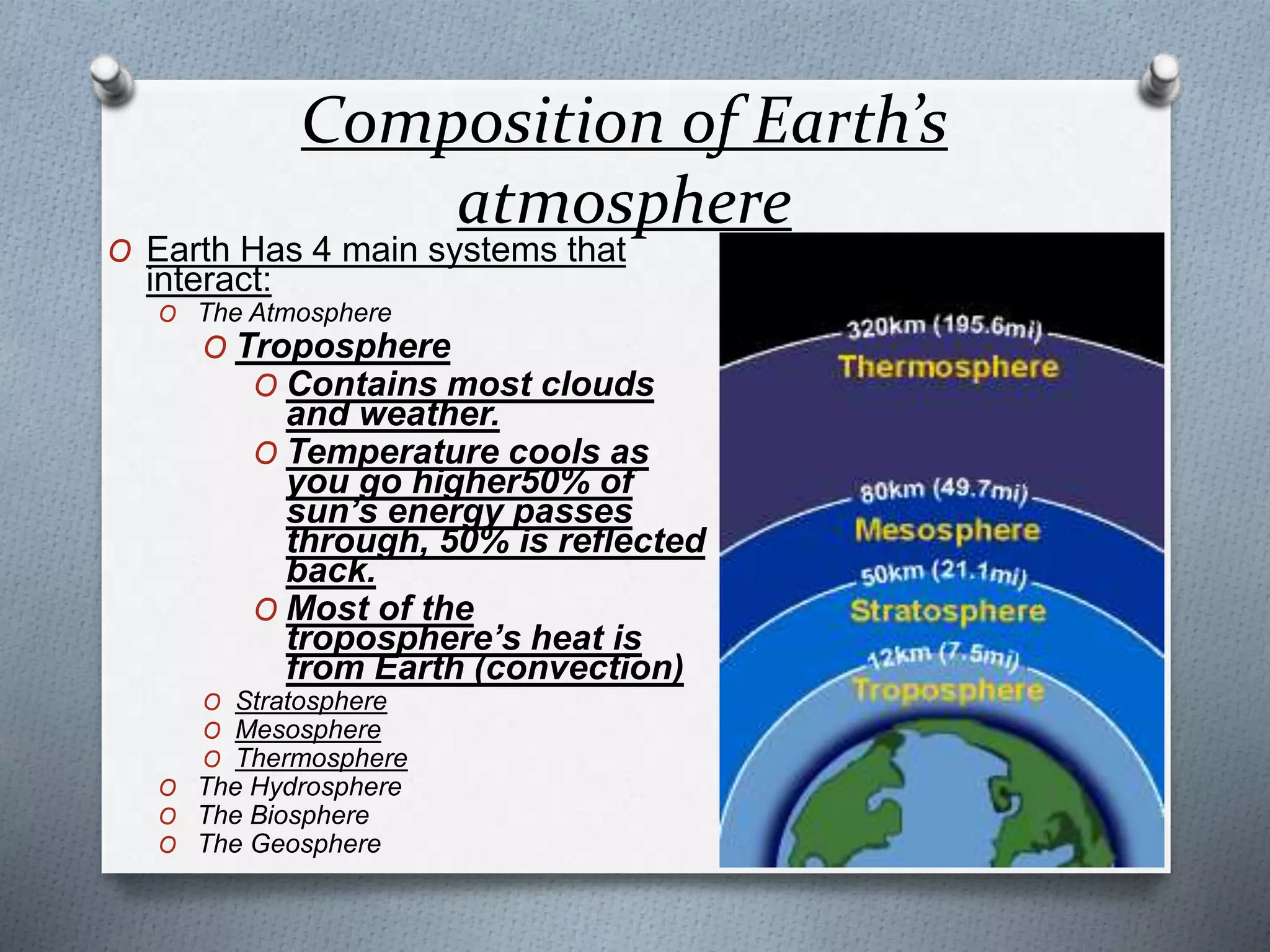 Composition of Earth’s
atmosphere
O Earth Has 4 main systems that
interact:
O The Atmosphere
O Troposphere
O Contains most clouds
and weather.
O Temperature cools as
you go higher50% of
sun’s energy passes
through, 50% is reflected
back.
O Most of the
troposphere’s heat is
from Earth (convection)
O Stratosphere
O Mesosphere
O Thermosphere
O The Hydrosphere
O The Biosphere
O The Geosphere
 