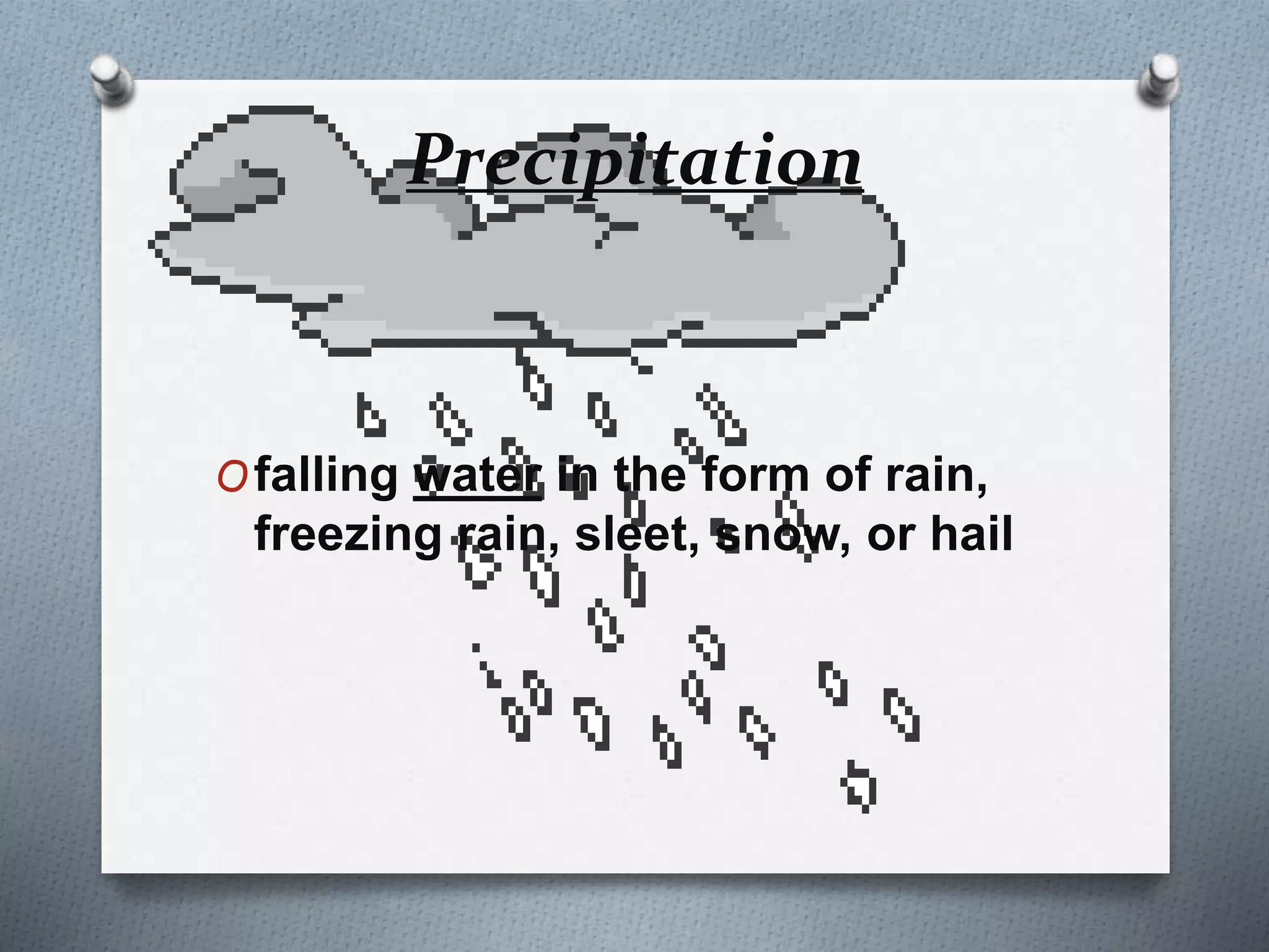 Precipitation
Ofalling water in the form of rain,
freezing rain, sleet, snow, or hail
 