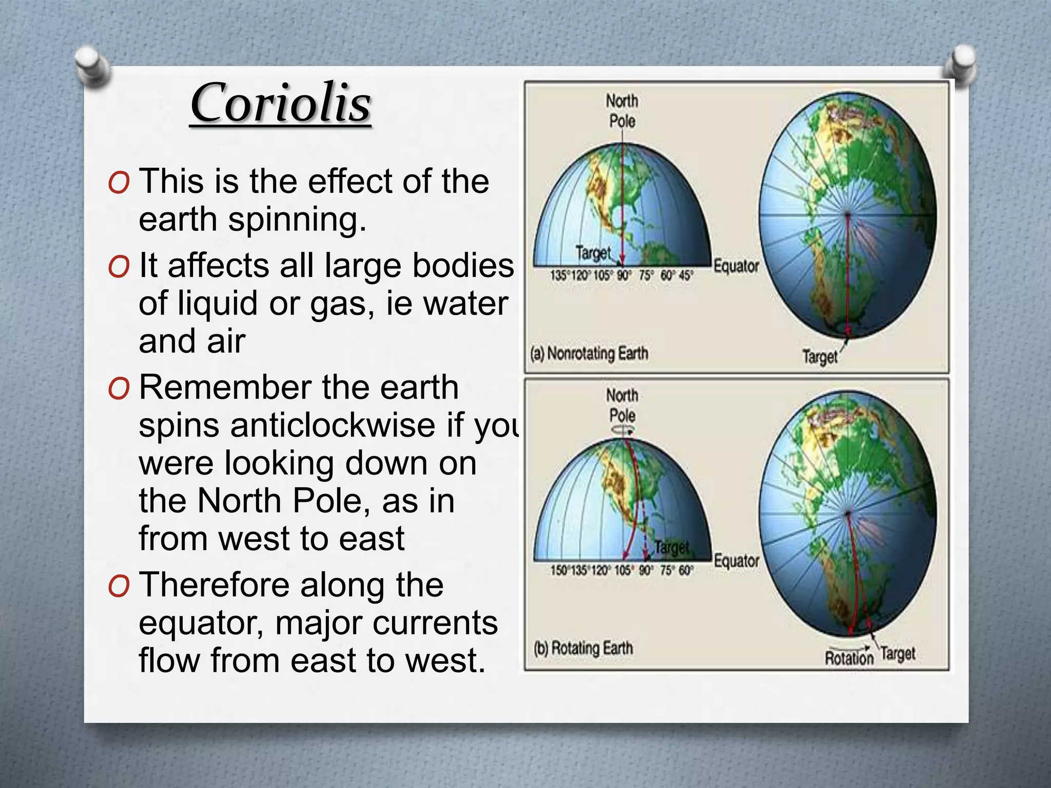 Coriolis
O This is the effect of the
earth spinning.
O It affects all large bodies
of liquid or gas, ie water
and air
O Remember the earth
spins anticlockwise if you
were looking down on
the North Pole, as in
from west to east
O Therefore along the
equator, major currents
flow from east to west.
 