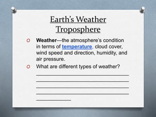 Earth’s Weather
Troposphere
O Weather—the atmosphere’s condition
in terms of temperature, cloud cover,
wind speed and direction, humidity, and
air pressure.
O What are different types of weather?
________________________________
________________________________
________________________________
________________________________
____________
 