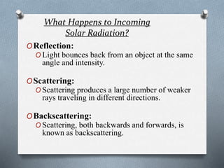 What Happens to Incoming
Solar Radiation?
OReflection:
O Light bounces back from an object at the same
angle and intensity.
OScattering:
O Scattering produces a large number of weaker
rays traveling in different directions.
OBackscattering:
O Scattering, both backwards and forwards, is
known as backscattering.
 