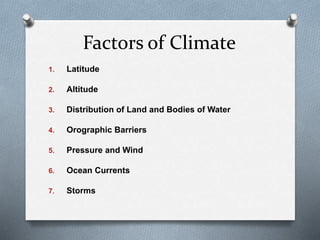 Factors of Climate
1. Latitude
2. Altitude
3. Distribution of Land and Bodies of Water
4. Orographic Barriers
5. Pressure and Wind
6. Ocean Currents
7. Storms
 