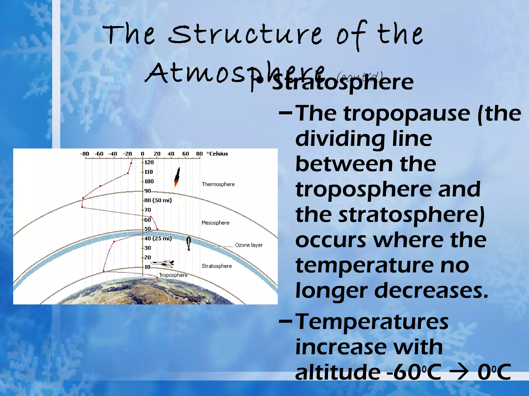 The Structure of the
  Atmosphere (cont’d)
        • Stratosphere
            – The tropopause (the
              dividing line
              between the
              troposphere and
              the stratosphere)
              occurs where the
              temperature no
              longer decreases.
            – Temperatures
              increase with
              altitude -60oC  0oC
 