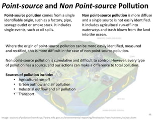 Point-source and Non Point-source Pollution
  Point-source pollution comes from a single                           Non point-source pollution is more diffuse
  identifiable origin, such as a factory, pipe,                        and a single source is not easily identified.
  sewage outlet or smoke stack. It includes                            It includes agricultural run-off into
  single events, such as oil spills.                                   waterways and trash blown from the land
                                                                       into the ocean.

   Where the origin of point-source pollution can be more easily identified, measured
   and rectified, this is more difficult in the case of non point-source pollution.

   Non point-source pollution is cumulative and difficult to control. However, every type
   of pollution has a source, and our actions can make a difference to total pollution.

   Sources of pollution include:
       • Agricultural run-off
       • Urban outflow and air pollution
       • Industrial outflow and air pollution
       • Transport




                                                                                                                          48
Image: sources of pollution from http://www.mfe.govt.nz/environmental-reporting/freshwater/river/nutrients/sources.html
 