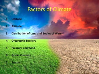 Factors of Climate
1.

Latitude

2.

Altitude

3.

Distribution of Land and Bodies of Water

4.

Orographic Barriers

5.

Pressure and Wind

6.

Ocean Currents

7.

Storms

 