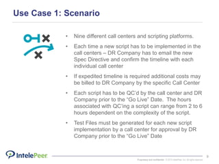 Proprietary and confidential. © 2015 IntelePeer, Inc. All rights reserved.
9
Use Case 1: Scenario
• Nine different call centers and scripting platforms.
• Each time a new script has to be implemented in the
call centers – DR Company has to email the new
Spec Directive and confirm the timeline with each
individual call center
• If expedited timeline is required additional costs may
be billed to DR Company by the specific Call Center
• Each script has to be QC’d by the call center and DR
Company prior to the “Go Live” Date. The hours
associated with QC’ing a script can range from 2 to 6
hours dependent on the complexity of the script.
• Test Files must be generated for each new script
implementation by a call center for approval by DR
Company prior to the “Go Live” Date
 