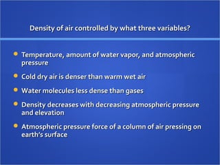 Density of air controlled by what three variables?Density of air controlled by what three variables?
 Temperature, amount of water vapor, and atmosphericTemperature, amount of water vapor, and atmospheric
pressurepressure
 Cold dry air is denser than warm wet airCold dry air is denser than warm wet air
 Water molecules less dense than gasesWater molecules less dense than gases
 Density decreases with decreasing atmospheric pressureDensity decreases with decreasing atmospheric pressure
and elevationand elevation
 Atmospheric pressure force of a column of air pressing onAtmospheric pressure force of a column of air pressing on
earth’s surfaceearth’s surface
 