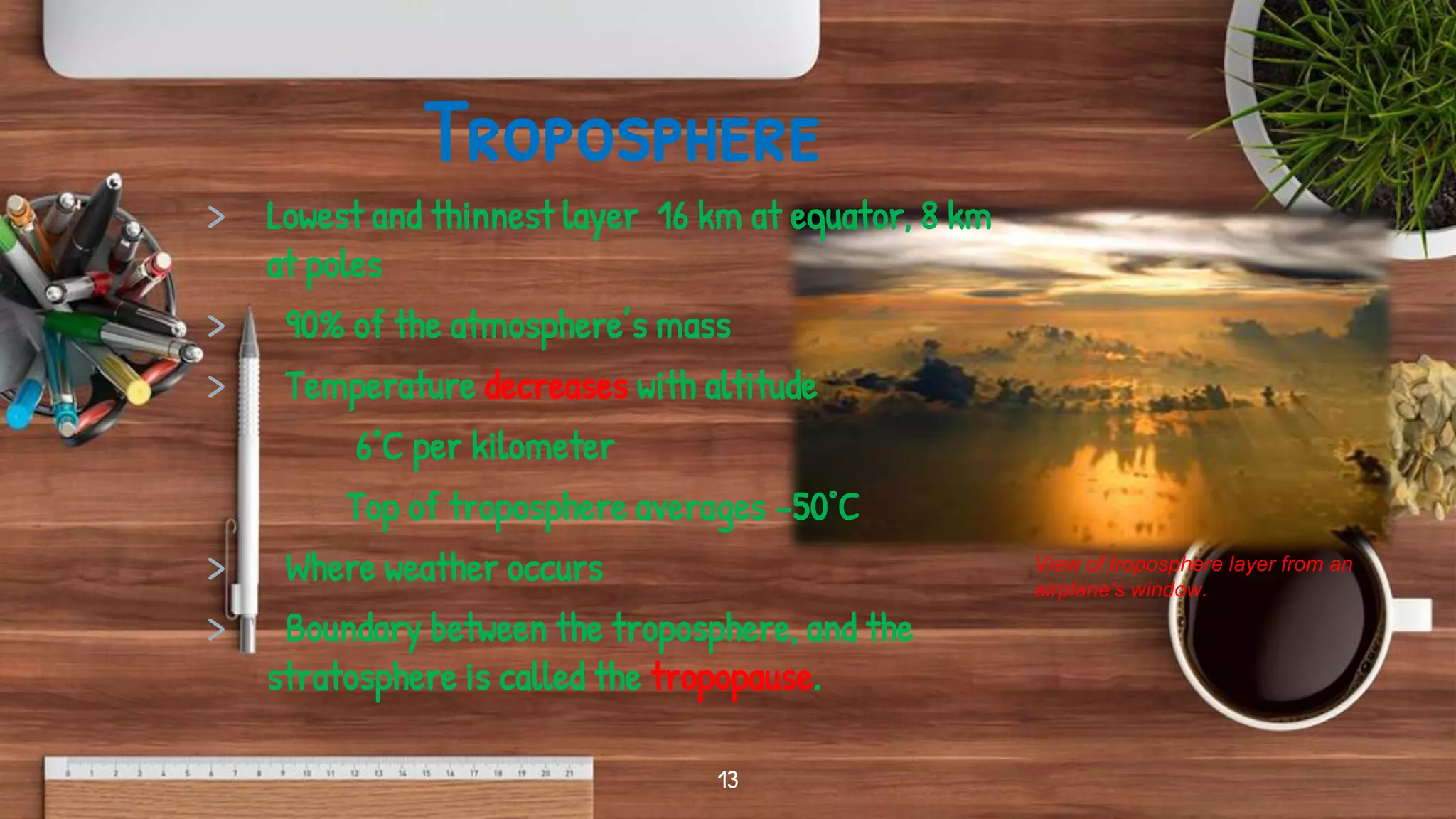 Troposphere
> Lowest and thinnest layer 16 km at equator, 8 km
at poles
> 90% of the atmosphere’s mass
> Temperature decreases with altitude
6°C per kilometer
Top of troposphere averages –50°C
> Where weather occurs
> Boundary between the troposphere, and the
stratosphere is called the tropopause.
13
View of troposphere layer from an
airplane's window.
 