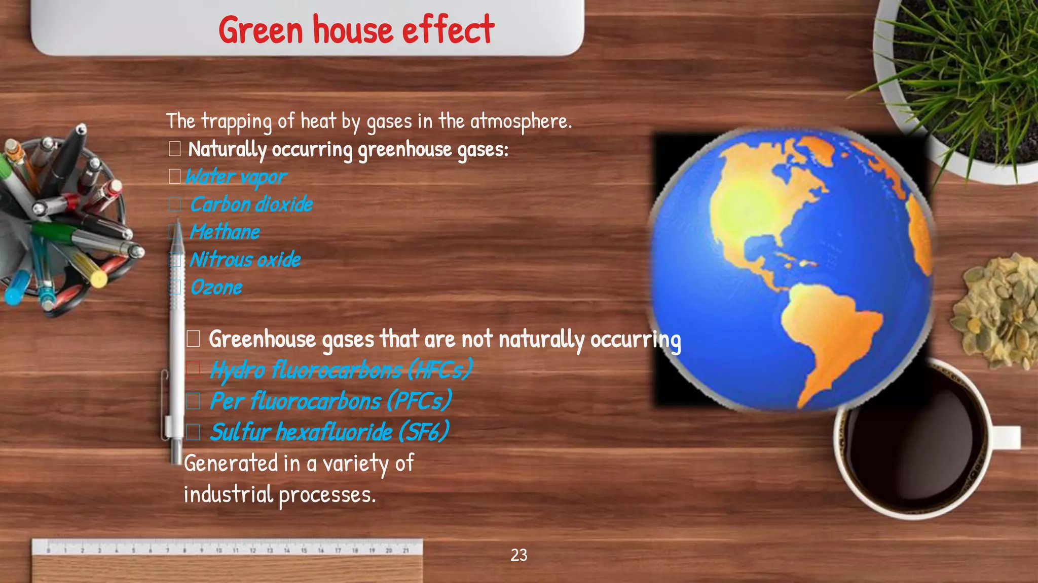 23
The trapping of heat by gases in the atmosphere.
Naturally occurring greenhouse gases:
Water vapor
Carbon dioxide
Methane
Nitrous oxide
Ozone
Greenhouse gases that are not naturally occurring
Hydro fluorocarbons (HFCs)
Per fluorocarbons (PFCs)
Sulfur hexafluoride (SF6)
Generated in a variety of
industrial processes.
Green house effect
 