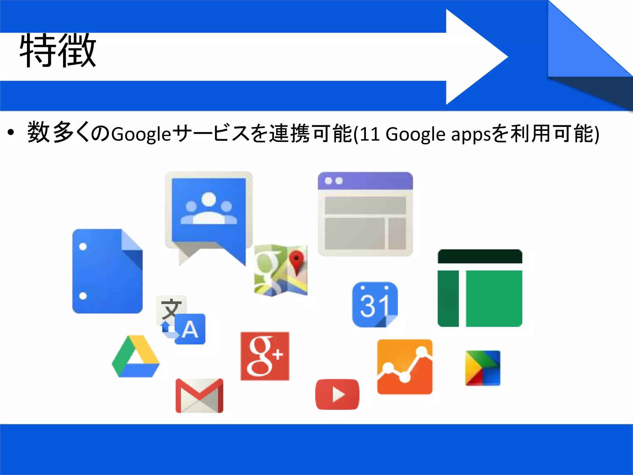 • 数多くのGoogleサービスを連携可能(11 Google appsを利用可能)
特徴
 
