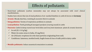 ◦ Nonirritant pollutants (carbon monoxide) may not always be associated with overt clinical
manifestations.
◦ Studies have shown that zinc & lead pollution of air: marked fatalities in cattle & horses in Germany
◦ Arsenic: Bloody diarrhea, vomiting & excessive thirst in animals
◦ Smog pollution: Variety of respiratory problems in animals
◦ Lead pollution: Teeth grinding & laryngeal paralysis (roaring sound) in cattle
◦ Fluorosis: Cattle & sheep reared near brick kilns and iron/steel aluminum plants & ceramic factories
 In soil (0.1-1.0 g/kg)
 Water (in some areas in India, 25 mg/litre)
 Air (Volcanic eruptions & in the dust particles originating from soil)
 Conditions: lameness, mottled teeth, fragile bones & loss of milk yield in dairy cattle
◦ Metallic pollutants: Induce anaemia & emaciation in animals
Effects of pollutants
 