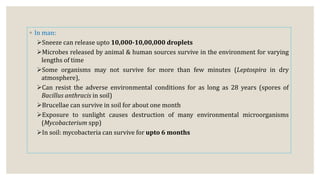 ◦ In man:
Sneeze can release upto 10,000-10,00,000 droplets
Microbes released by animal & human sources survive in the environment for varying
lengths of time
Some organisms may not survive for more than few minutes (Leptospira in dry
atmosphere),
Can resist the adverse environmental conditions for as long as 28 years (spores of
Bacillus anthracis in soil)
Brucellae can survive in soil for about one month
Exposure to sunlight causes destruction of many environmental microorganisms
(Mycobacterium spp)
In soil: mycobacteria can survive for upto 6 months
 