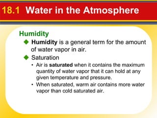 18.1  Water in the Atmosphere     Humidity  is a general term for the amount of water vapor in air. •  Air is  saturated  when it contains the maximum quantity of water vapor that it can hold at any given temperature and pressure. •  When saturated, warm air contains more water vapor than cold saturated air.    Saturation Humidity 