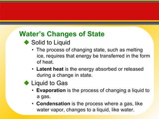    Solid to Liquid •  The process of changing state, such as melting ice, requires that energy be transferred in the form of heat. •  Latent heat  is the energy absorbed or released during a change in state.    Liquid to Gas •  Evaporation  is the process of changing a liquid to a gas. •  Condensation  is the process where a gas, like water vapor, changes to a liquid, like water. Water’s Changes of State 