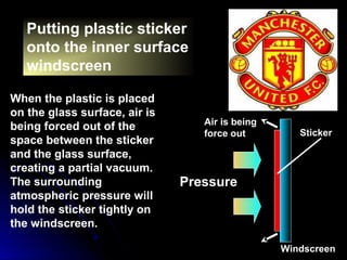 Putting plastic sticker
onto the inner surface
windscreen
When the plastic is placed
on the glass surface, air is
being forced out of the
space between the sticker
and the glass surface,
creating a partial vacuum.
The surrounding
atmospheric pressure will
hold the sticker tightly on
the windscreen.
Windscreen
Sticker
Pressure
Air is being
force out
 